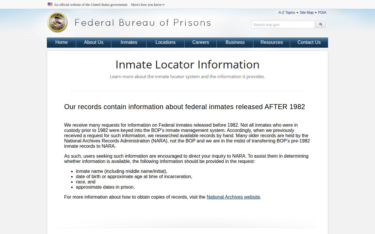 BOP explanation of past federal inmate release dates and custody limits