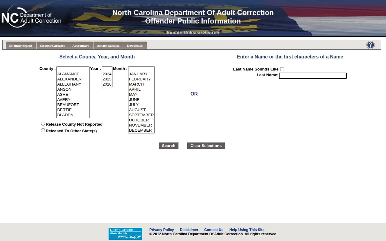 North Carolina DAC inmate release search form for completed state prison releases