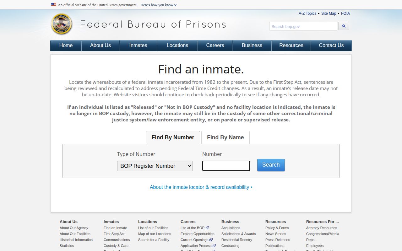 Bureau of Prisons inmate locator used for Alamance County federal release searches