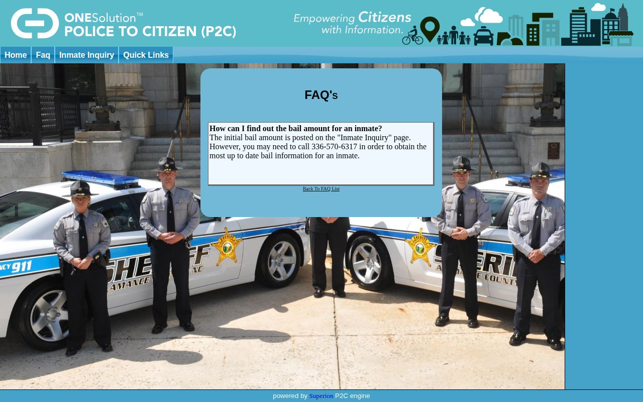 Alamance County P2C FAQ explaining bail information and the current-information phone number
