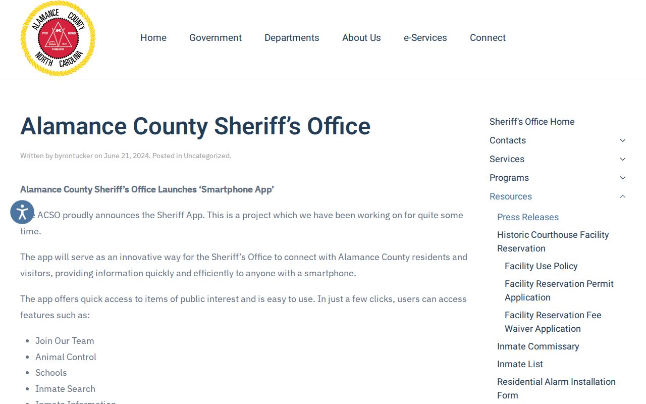 Official Alamance County Sheriff app announcement describing inmate search and information